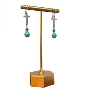 Handmade Sterling Silver Cross & Turquoise Beaded Dangle Earrings